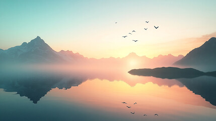 Serene sunrise over misty lake with mountains and flying birds