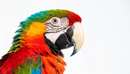 Fototapeta premium 白背景に際立つマコウインコのカラフルな羽と特徴的なくちばしが魅せる自然美と鮮烈な個性 