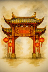 Fototapeta premium Traditional Chinese Temple Gate Watercolor with Golden Details and Red Lanterns