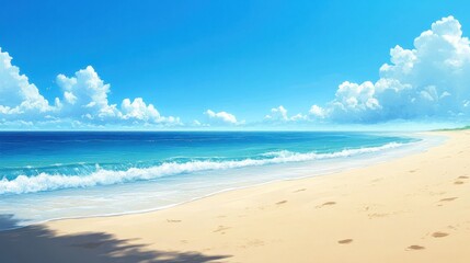 Obraz premium A beautiful sunny beach with blue sky and fluffy clouds