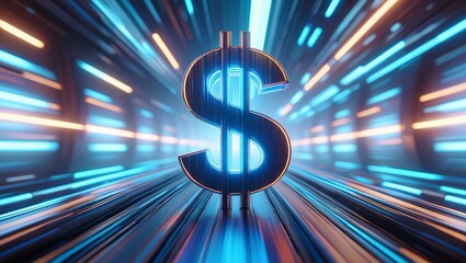 Dollar sign in futuristic tunnel representing fast money and financial technology