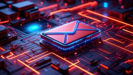 Red email icon on a futuristic circuit board for technology and communication concept