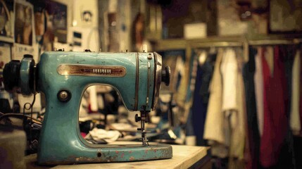 A vintage blue sewing machine rests on a wooden workbench