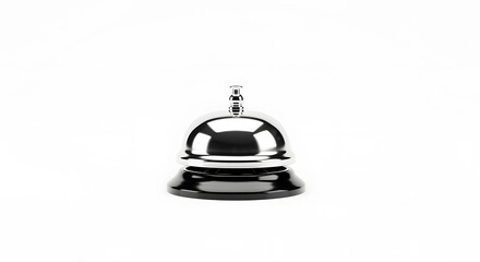Obraz premium Classic silver desk bell centered on a white background, highly minimal, with subtle reflection, symbol of service, readiness, attention.