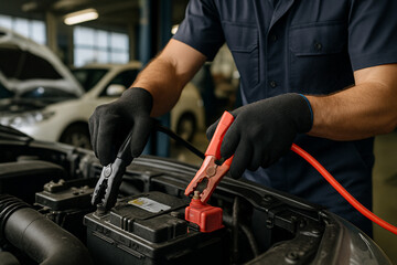 Mechanic connecting jumper cables to a car battery in a garage for a jump start service call