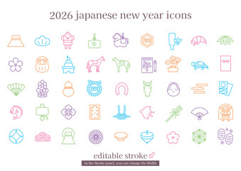 日本の正月アイコンセット　2026年午年 (編集可能なストローク)