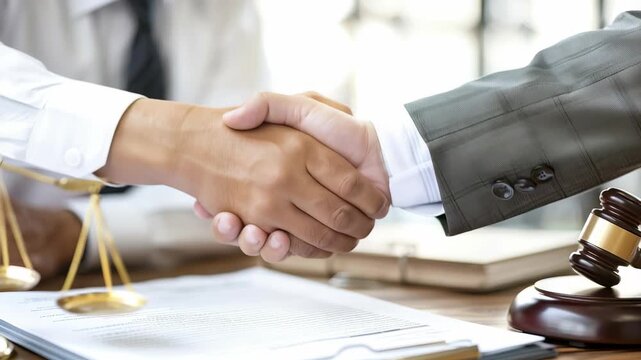 In professional setting, handshake seals business agreement. Symbols law include scales, gavel on desk with contracts. moment represents promise partnership, moving ahead.