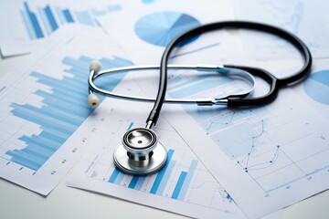 Medical data analysis with stethoscope and charts for healthcare investments plan