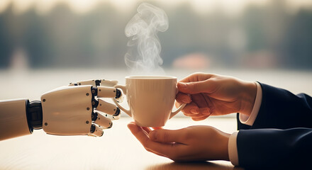Robot and human holding the same steaming cup of tea, hands meeting at the handle, vapor rising softly.