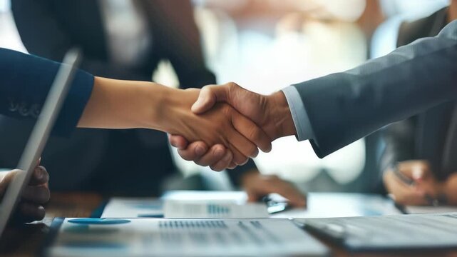Focused business handshake taking place over documents, charts. setting evokes atmosphere cooperation, contract finalization between partners, illustrating business.