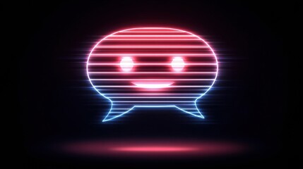Obraz premium Colorful Neon Smiley Face in Gradient With Speech Bubble Design Against a Dark Background for Digital Communication Themes