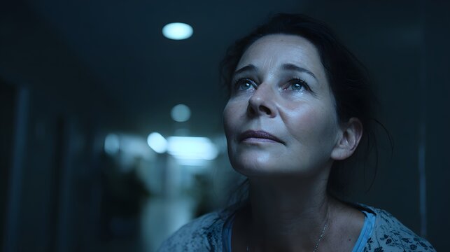 Emotional Woman Looking Up in Hospital Corridor: Psychological Depth, Anxiety and Hope in Dramatic Dim Lighting, Evoking Tension, Sadness, and Expression through Cinematic Narrative