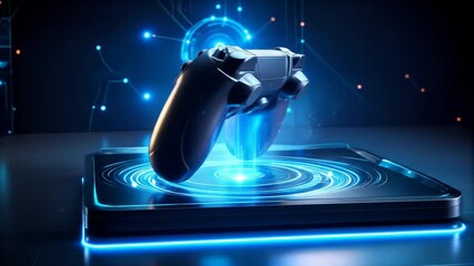 Sleek gamepad on techy pad, illuminated with neon blue, futuristic - Powered by Adobe