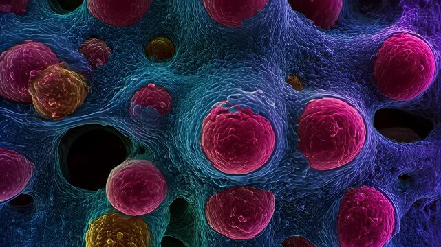 Macro shot of macrophages engulfing erythrocytes under redshifted marrow lighting emphasizing cellular aggression and immune dysregulation in hemophagocytic conditions.