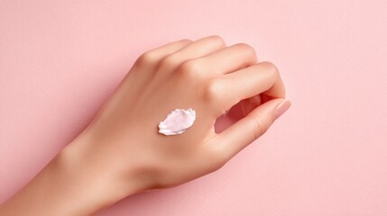 Moisturizer Cream Dollop on Back of Hand Against Pastel Pink Background With Empty Top Space for Product Display or Skincare Emphasis