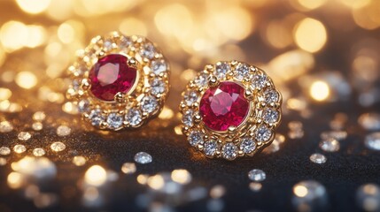 Two luxury ruby earrings encrusted with diamonds in close view