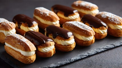 Gourmet Eclair Dessert: Chocolate Cream Filling Pastry with Whipped Cream and Sugar Dusting on Black Slate | French Patisserie | Elegant Afternoon Tea Party Food