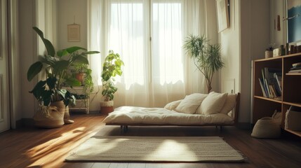 A light filled living room with cozy plants and furniture