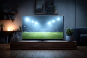 Fototapeta premium Watching a Live Soccer Match on a Large Television in a Cozy Living Room