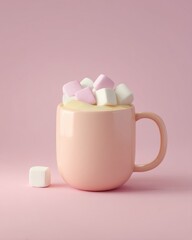 Cozy pastel mug filled with cocoa topped with marshmallows set against a serene gradient backdrop