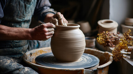 Crafting a ceramic vase on a spinning wheel in a serene minimalist studio with natural light and soft clay textures