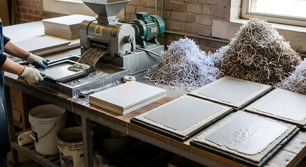 Artisan papermaking process in a workshop with a pulping machine and recycled paper.