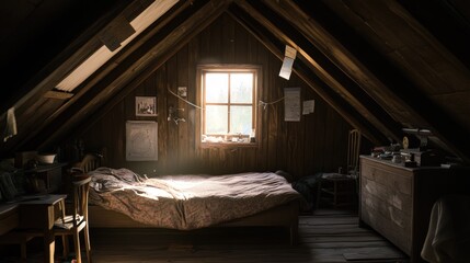 A rustic attic bedroom with a window and old furniture