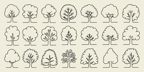 Hand drawn tree icon set with various shapes and outlines, black and white doodle style trees collection for design and decoration


