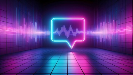 Neon speech bubble with audio wave in futuristic room podcasting and voice chat