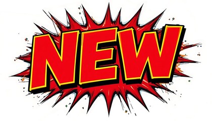 New word text in a red comic book explosion bubble Pop art style graphic for advertising.