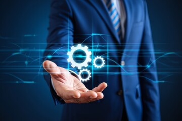Businessman holding gears concept for business process automation and technology