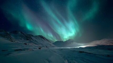 Naklejka premium Northern Lights: Aurora Borealis in Snowy Landscape with Starry Night and Green Hues in Polar Region - Perfect Nature Photography Travel Destination for Exploration and Adventure
