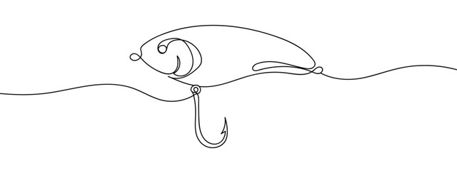 Obraz premium Continuous line vector fishing lure sport editable stroke.