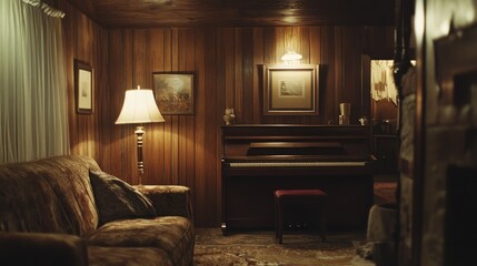 A warm illuminated room featuring a piano and vintage furnishings