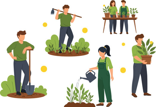 Vector illustration flat vector art of people gardening and planting flowers in a garden