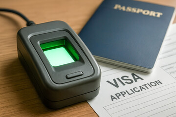 Close-up of a fingerprint scanner with green light next to a blue passport and a visa application form on a wooden desk, symbolizing biometric identification, travel document verification