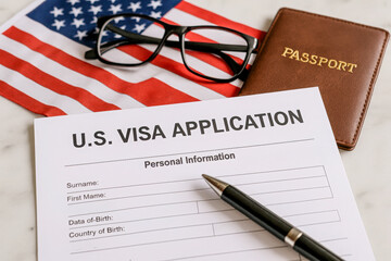 U.S. visa application form with blank personal information fields placed on a desk alongside a brown passport, eyeglasses, pen, and an American flag, symbolizing preparation for travel authorization 