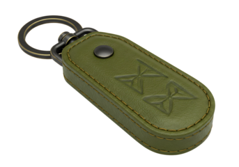 Stylish Olive Green Leather Keychain with Embossed Logo and Metal Ring Accessory for Car Keys or Personal Items