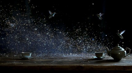 Hummingbirds hover near teal tea set,  sparkling mist