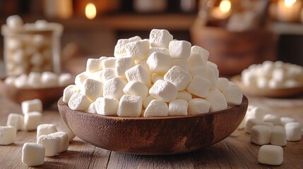 Mini Marshmallows In Wooden Bowl Warm Lighting Cozy Winter Dessert Treats Photography Background Displaying A Sweet Treat In Warm Lighting Cozy Winter Scene Rustic Wooden Bowl With Mini Marshmallows