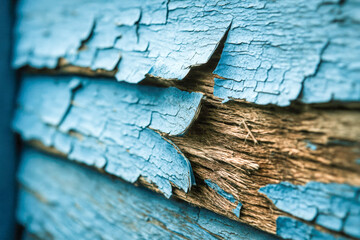 Close-up of weathered wooden siding with heavily peeling blue paint curling and lifting to reveal splintered brown wood beneath; deep cracks, chips, and layered flakes create a tactile rustic texture