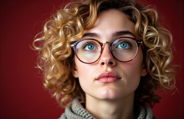 Obraz premium Woman with curly blonde hair and glasses looking upward against a red background