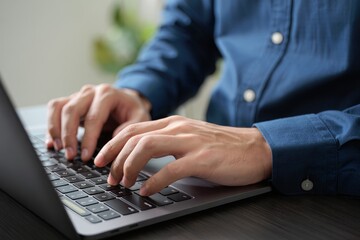 Typing on laptop keyboard for work or school, hands on keyboard, close up view