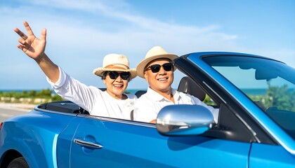 Naklejka premium Happy senior couple enjoying a convertible car ride