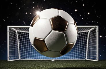 Fototapeta premium A soccer ball flying towards the goal under a starry night sky