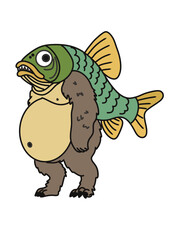 Anomali Italian Brainrot. Bipedal brown bear monster with a pot belly wearing a green fish helmet with sharp teeth. Vector Illustrations