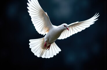 Obraz premium A white dove in flight with wings fully extended against a dark background