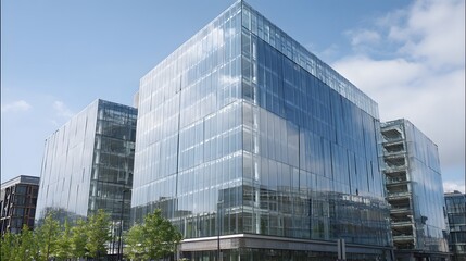 Modern Architecture Glass Building Urban Skyline: Contemporary Office Structure with Reflective Surfaces, Green Landscaping, and Sustainable Design in Business District
