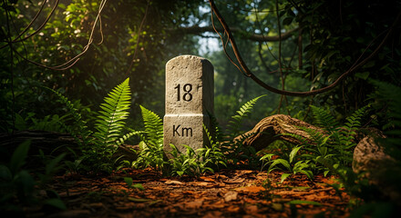 Mystical Jungle Milestone Marker With Ferns And Sunlight At Kilometer Eighteen