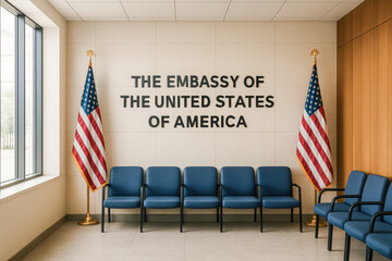 Modern interior of the U.S. Embassy with a row of blue chairs beneath a wall displaying the text “The Embassy of the United States of America,” flanked by two American flags, symbolizing visa services